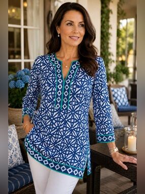 Gretchen Scott • Navy White Geometric Cotton Tunic Top • Size S